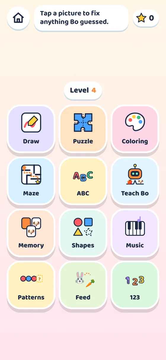 Twelve games: drawing, puzzles, colouring, mazes, letters, Teach Bo, memory, shapes, music, patterns, feeding and counting